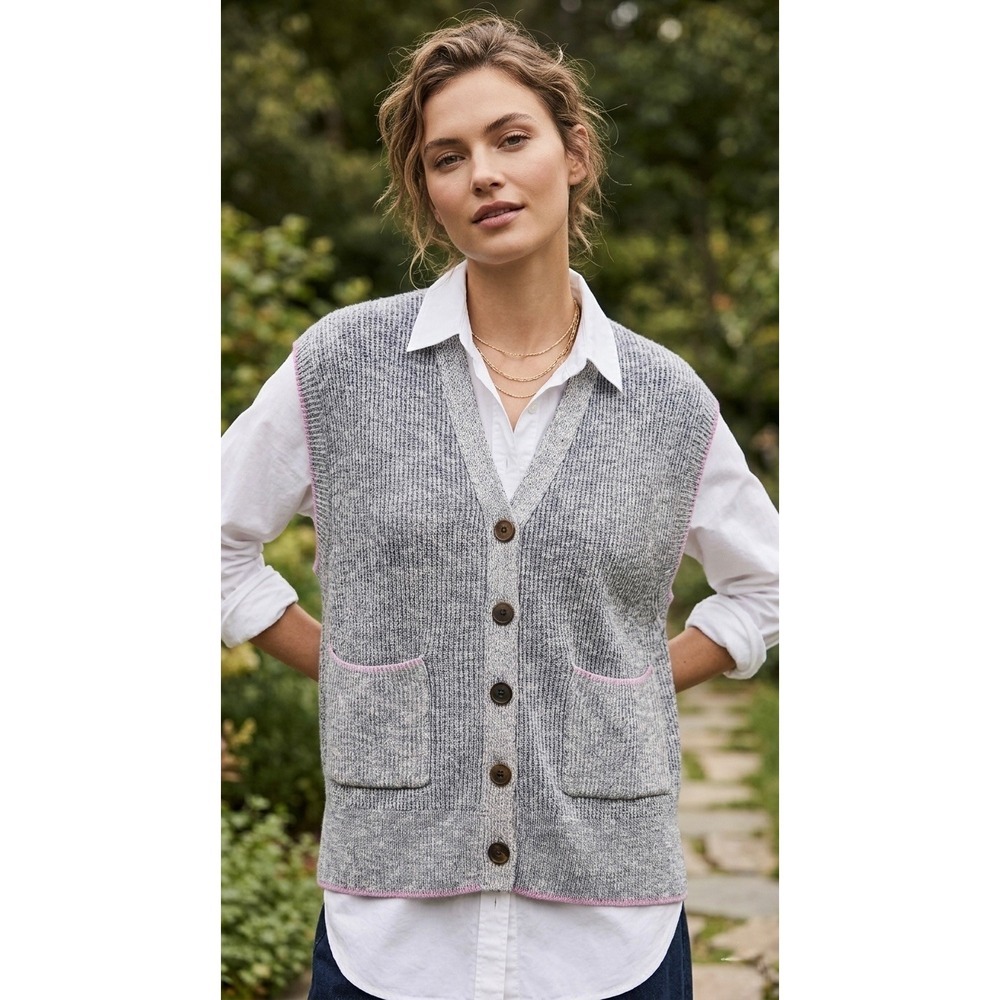 Pilcro Anthropologie Marled Knit Button Front Sweater Vest Blue Pink XS NEW
